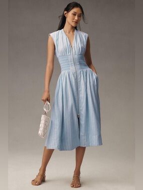 [LIKE NEW] $198 JOIE Light Blue Striped Zip-Front Midi Dress. Small